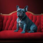 bulldog francés azul en un sillón rojo