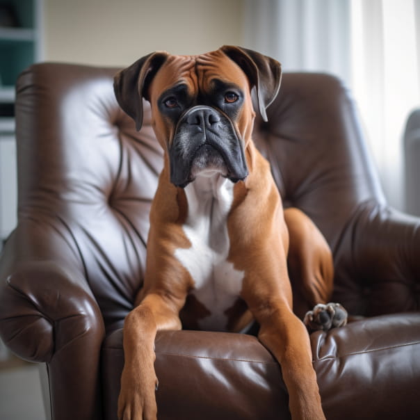 ソファの上のボクサー犬