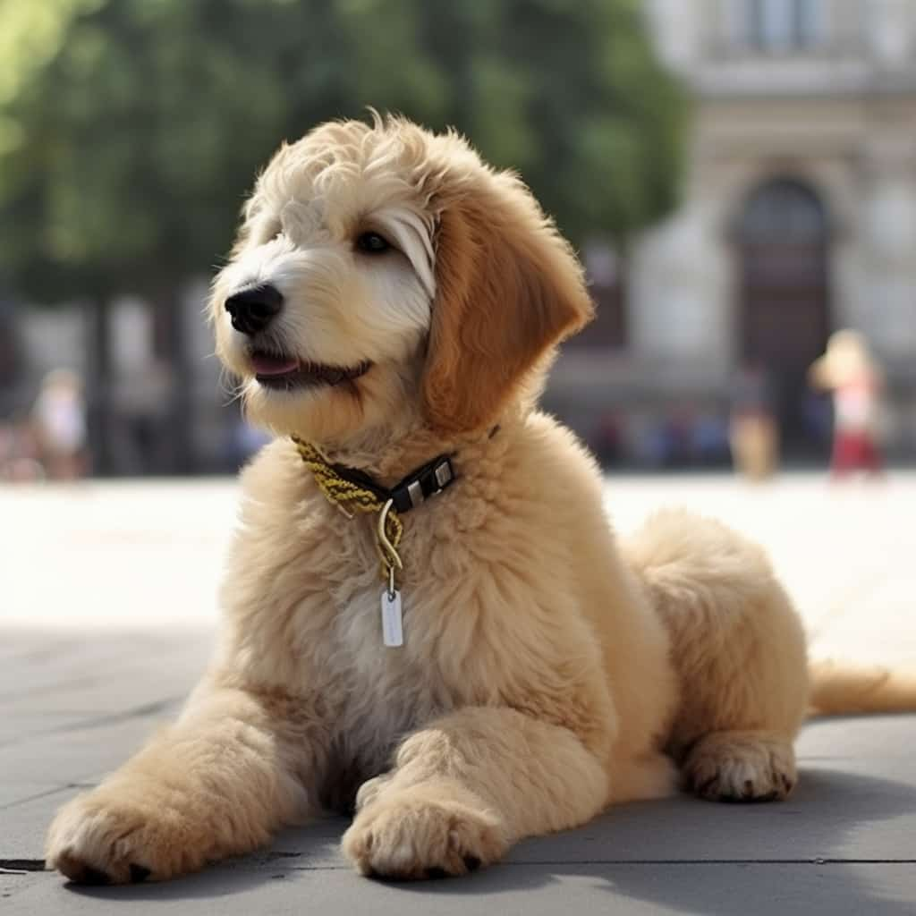 goldendoodle die op de grond ligt