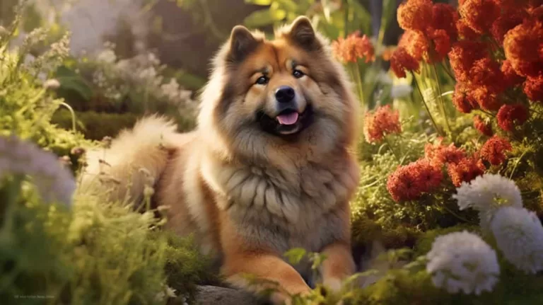 chien eurasier au jardin